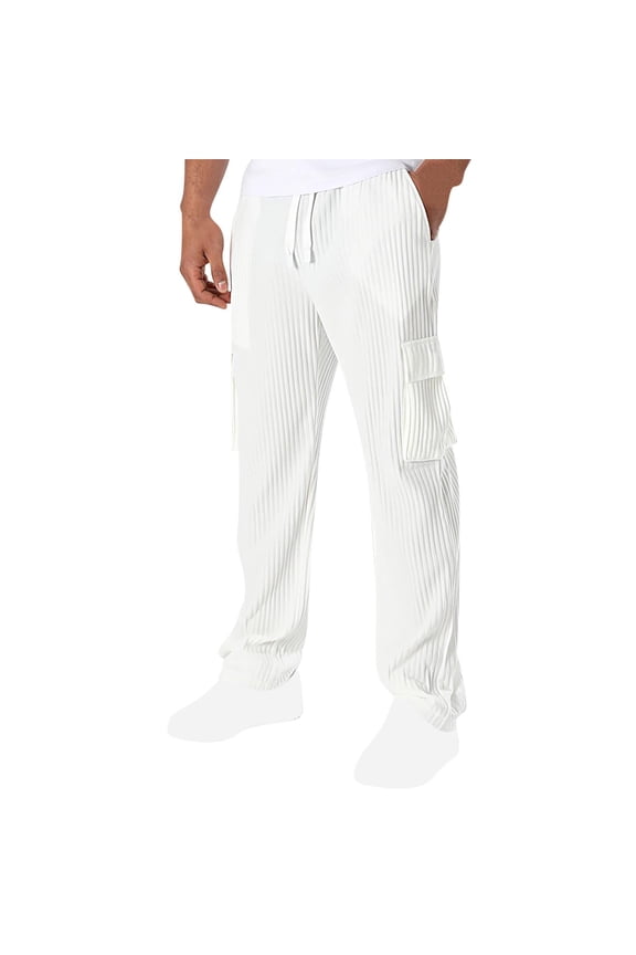 Mens Pull On Cargo Joggers,Ribbed Textured,Elastic Waist,Multi Pocket,Pull Onasual Sport Pants,White,Size XL
