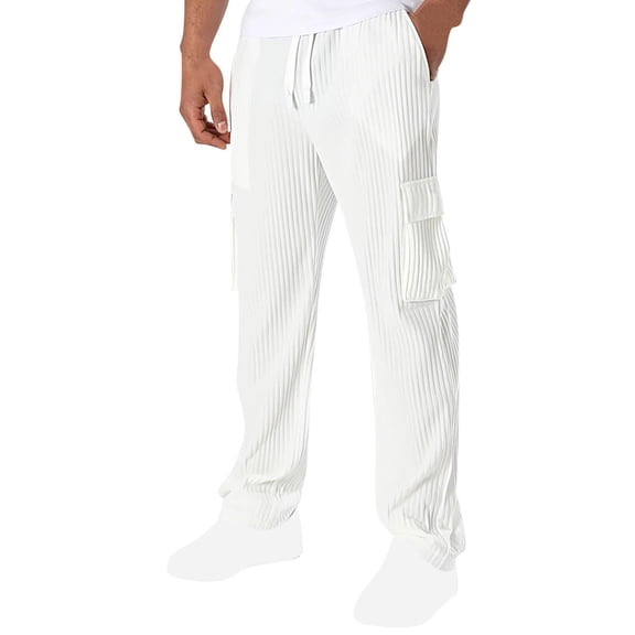 GuangCheng Mens Pull On Cargo Joggers,Ribbed Textured,Elastic Waist,Multi Pocket,Pull Onasual Sport Pants,White,Size XL