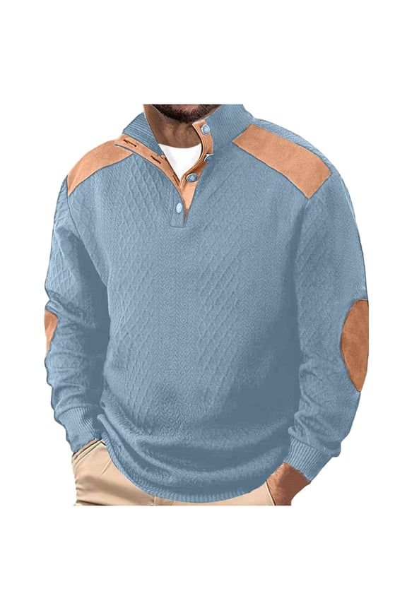 Mens Quilted Half Zip Pullover Sweatshirts with Suede Elbow Patches,Casual Warm Top,Comfort Fit Tees,Light Blue,Size 3XL