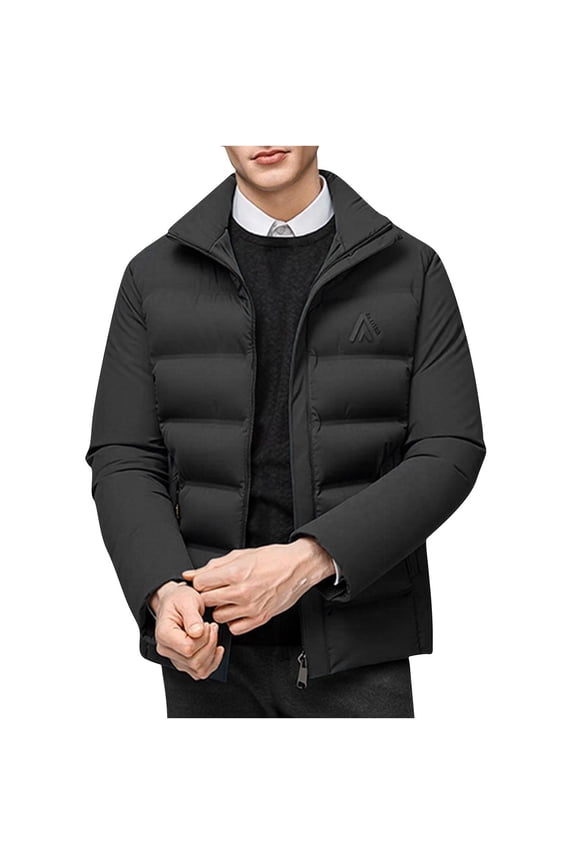George Mens Quilted Puffer Jackets,Stand Collar,Winter Fleece Warm Thick Coat,with Zippered Pockets,Black,2XL