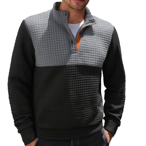 GuangCheng Mens Quilted Sweatshirts,Half Zip,Pullover,Color Block,Casual Warm Tops with Stand Collar,Black,Size L