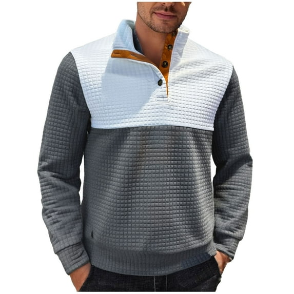 GuangCheng Mens Quilted Sweatshirts,Half Zip,Pullover,Color Block,Casual Warm Tops with Stand Collar,Dark Gray,Size L