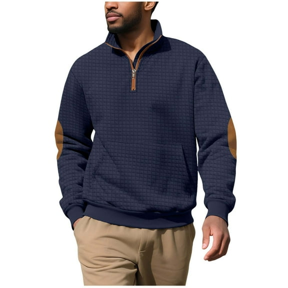 GuangCheng George Mens Quilted Sweatshirts,Half Zip,Pullover,Elbow Patch Detail,Warm,Comfortable,Casual Fall Winter Tops,Navy,Size XL