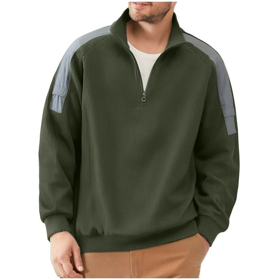 GuangCheng George Mens Ribbed Half Zip Pullover Sweatshirts,Contrast Shoulder Panels,Casual Sporty Tops,Oversized Loose Tops,Army Green,Size XL