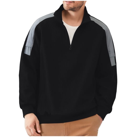 GuangCheng Mens Ribbed Half Zip Pullover Sweatshirts,Contrast Shoulder Panels,Casual Sporty Tops,Oversized Loose Tops,Black,Size 3XL