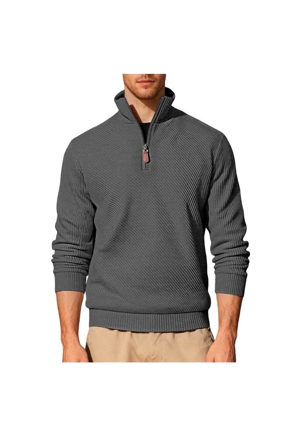 Mens Ribbed Kintted Sweaters,Casual,Textured,Half Zip,Pullover Tops,Warm Loose Fit Tops,Dark Gray,Size M
