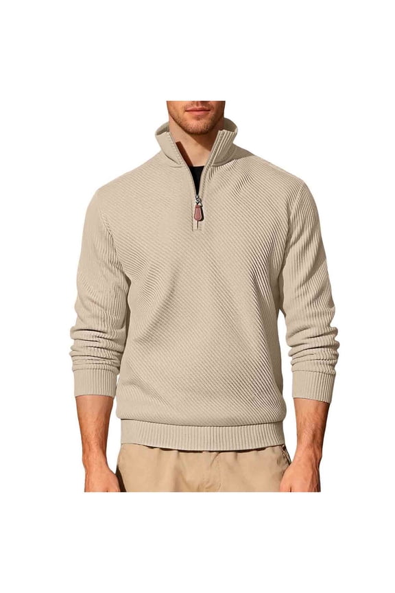 Mens Ribbed Kintted Sweaters,Casual,Textured,Half Zip,Pullover Tops,Warm Loose Fit Tops,Khaki,Size L