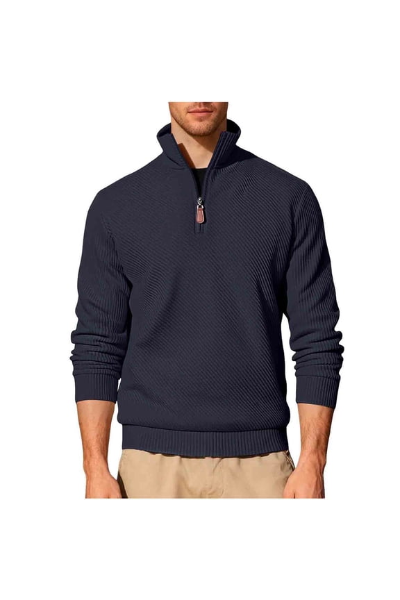 Mens Ribbed Kintted Sweaters,Casual,Textured,Half Zip,Pullover Tops,Warm Loose Fit Tops,Navy,Size M