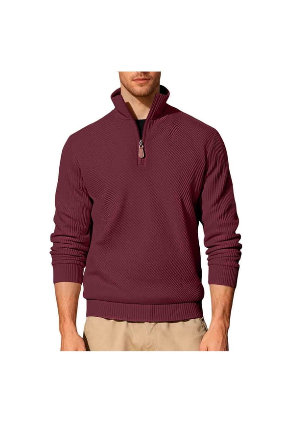 Mens Ribbed Kintted Sweaters,Casual,Textured,Half Zip,Pullover Tops,Warm Loose Fit Tops,Wine,Size S