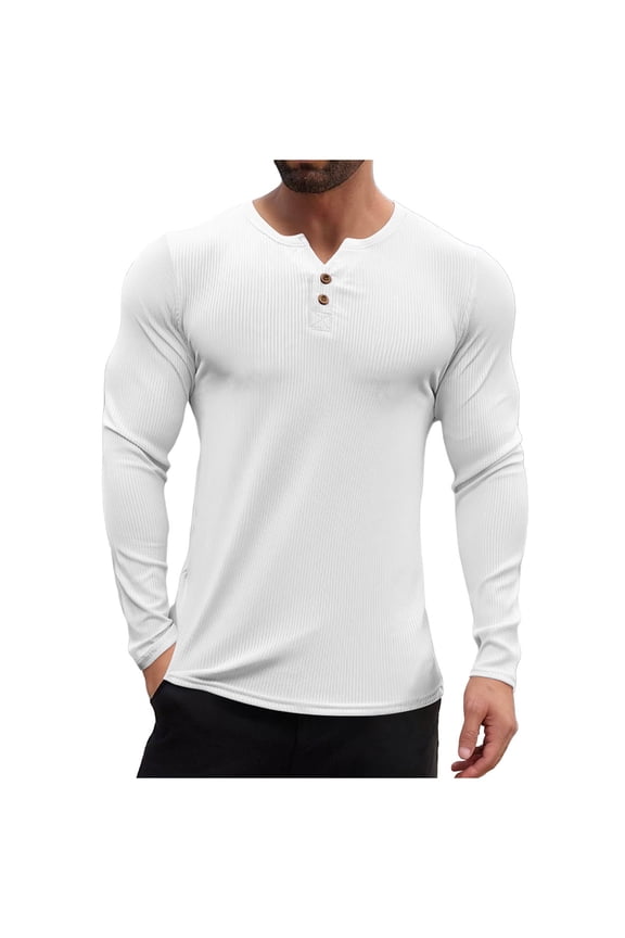 Mens Ribbed Knit Henley Shirts,Long Sleeve,Stretch Fit,Athletic Tops,Soft Comfort Base Layer,White,Size 3XL