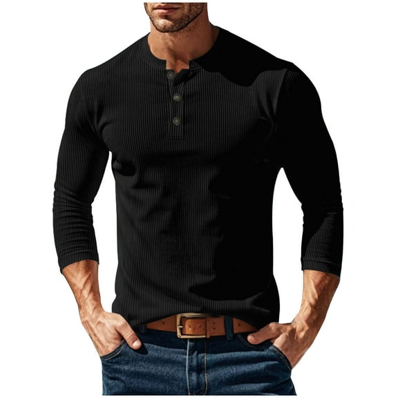 GuangCheng Mens Ribbed Knit Long Sleeve Henley Shirts,Slim Fit,Soft,Stretchy,Comfortable Casual Tees Tops,Black,Size L