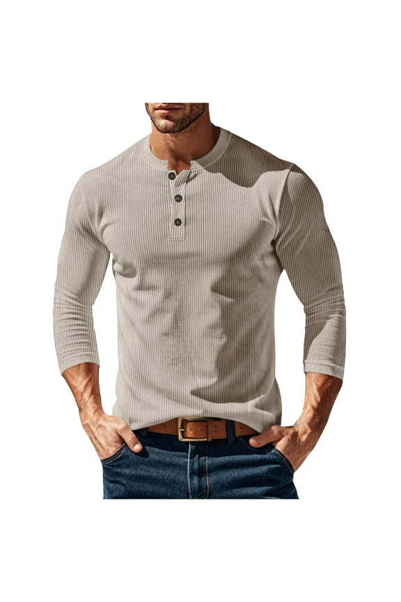 Mens Ribbed Knit Long Sleeve Henley Shirts,Slim Fit,Soft,Stretchy,Comfortable Casual Tees Tops,Khaki,Size M