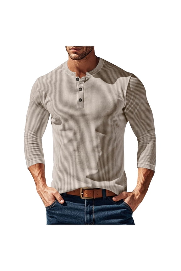 Mens Ribbed Knit Long Sleeve Henley Shirts,Slim Fit,Soft,Stretchy,Comfortable Casual Tees Tops,Khaki,Size XL