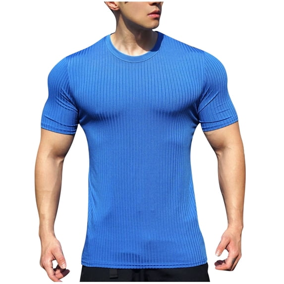 GuangCheng Mens Ribbed Knit Short Sleeve Fitted T-Shirts,Stretchy,Breathable,Quick Dry,Activewear Tops,Blue,Size 3XL