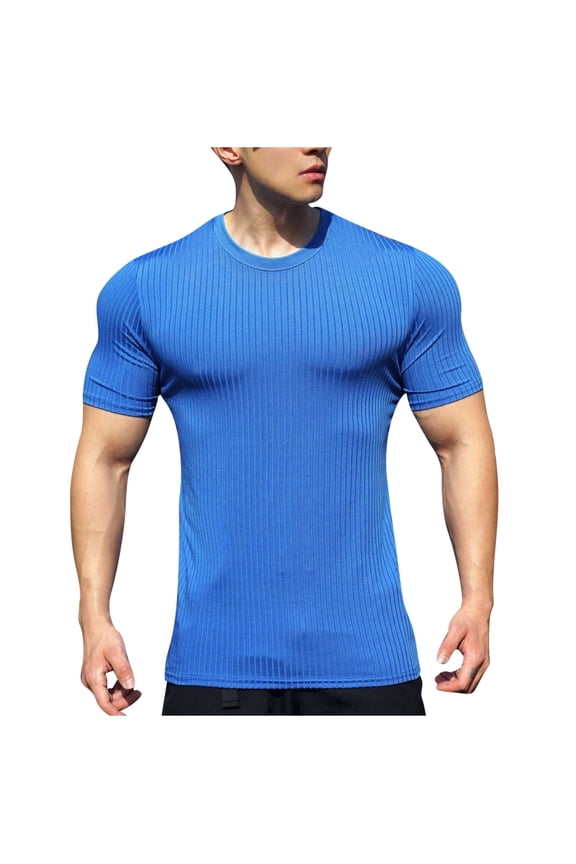 Mens Ribbed Knit Short Sleeve Fitted T-Shirts,Stretchy,Breathable,Quick Dry,Activewear Tops,Blue,Size XL