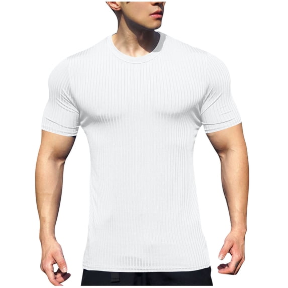 GuangCheng Mens Ribbed Knit Short Sleeve Fitted T-Shirts,Stretchy,Breathable,Quick Dry,Activewear Tops,White,Size 2XL