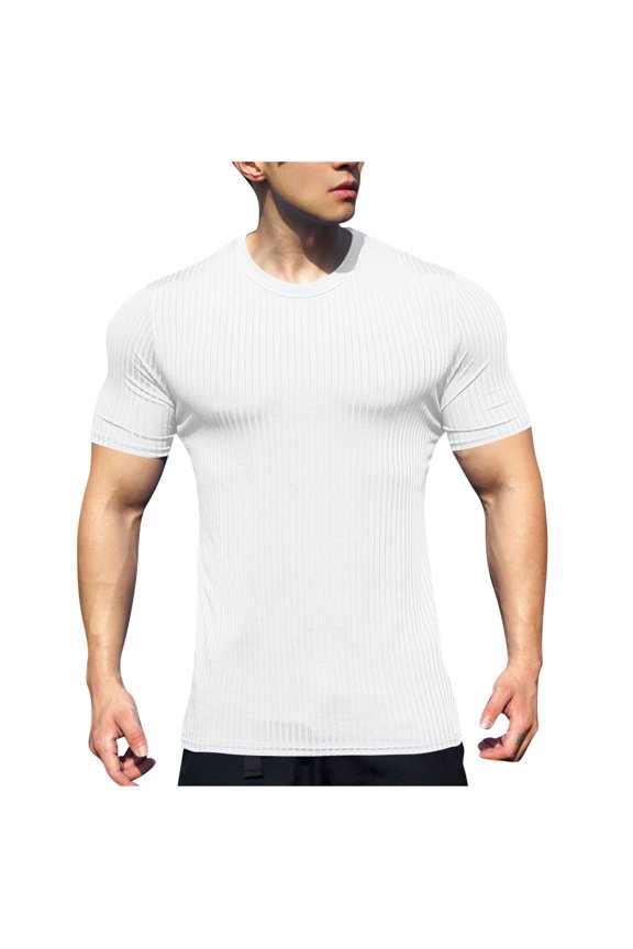 Mens Ribbed Knit Short Sleeve Fitted T-Shirts,Stretchy,Breathable,Quick Dry,Activewear Tops,White,Size 3XL