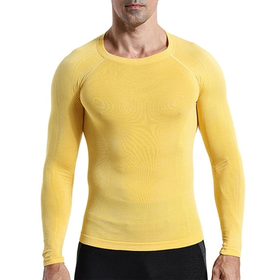 GuangCheng George Mens Seamless Long Sleeve Compression Shirts,Athletic Base Layer Top,Moisture Wicking Stretch Fit Comfort Tees,Yellow,Size 2XL