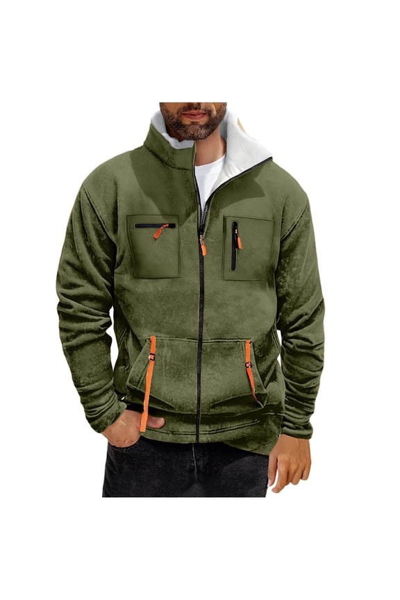 Mens Sherpa Lined Fleece Jackets,Full Zip,Outerwear with Zippered Pockets and Faux Shearling Collar,Army Green,2XL