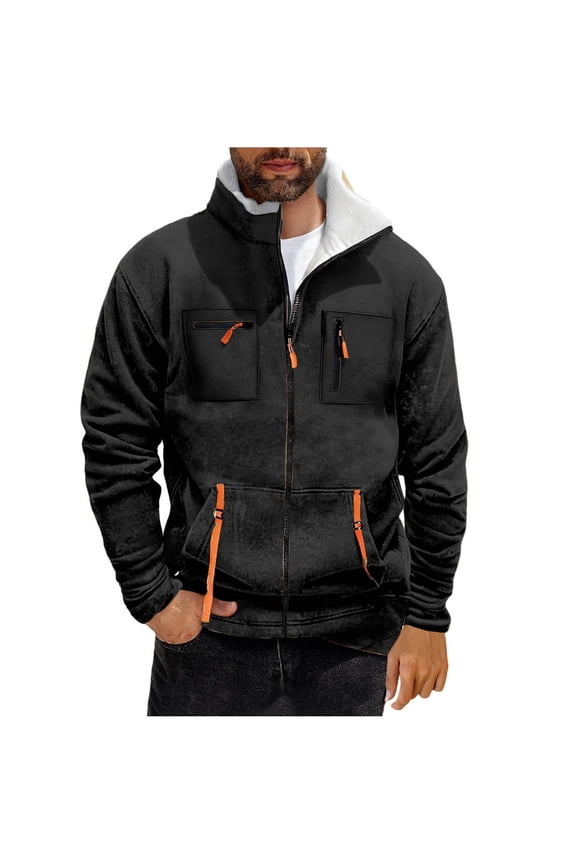 Mens Sherpa Lined Fleece Jackets,Full Zip,Outerwear with Zippered Pockets and Faux Shearling Collar,Black,L