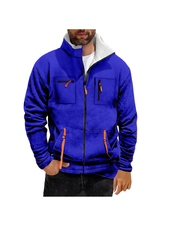 Mens Sherpa Lined Fleece Jackets,Full Zip,Outerwear with Zippered Pockets and Faux Shearling Collar,Blue,XL