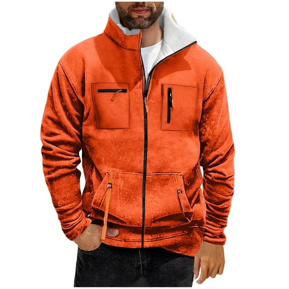 GuangCheng George Mens Sherpa Lined Fleece Jackets,Full Zip,Outerwear with Zippered Pockets and Faux Shearling Collar,Orange,XL
