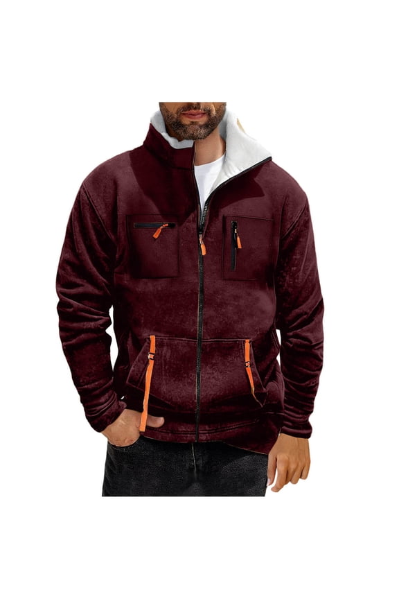 Mens Sherpa Lined Fleece Jackets,Full Zip,Outerwear with Zippered Pockets and Faux Shearling Collar,Wine,S