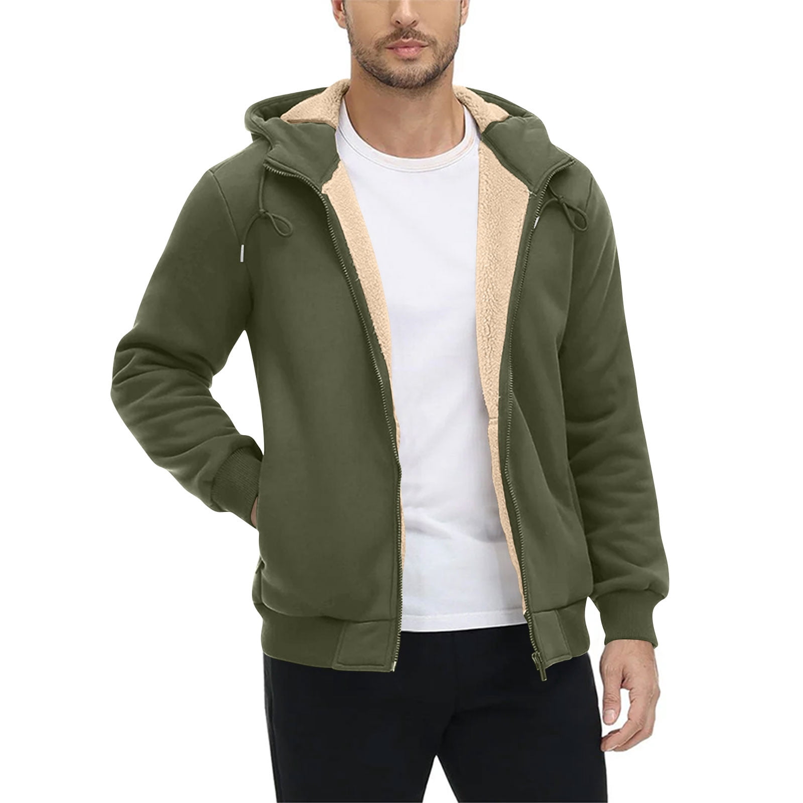 GuangCheng Mens Sherpa Lined Hoodies,Full Zip,Hooded Sweatshirts,with Plush Fleece Interior,Army Green,XL