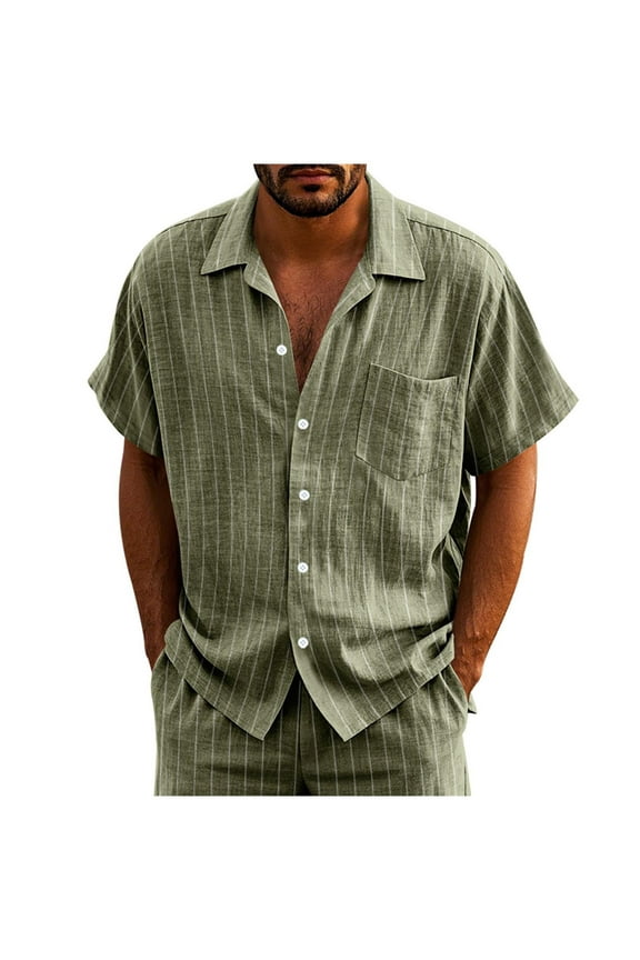 Mens Shirts Button Down,Linen Blend,Short Sleeve,Shirt with Vertical Stripes and Chest Pocket,Regular Fit Tops,Army Green,Size 3XL