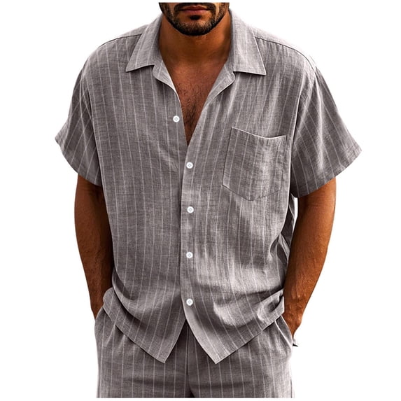GuangCheng Mens Shirts Button Down,Linen Blend,Short Sleeve,Shirt with Vertical Stripes and Chest Pocket,Regular Fit Tops,Gray,Size M