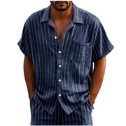 GuangCheng Mens Shirts Button Down,Linen Blend,Short Sleeve,Shirt with Vertical Stripes and Chest Pocket,Regular Fit Tops,Navy,Size 3XL