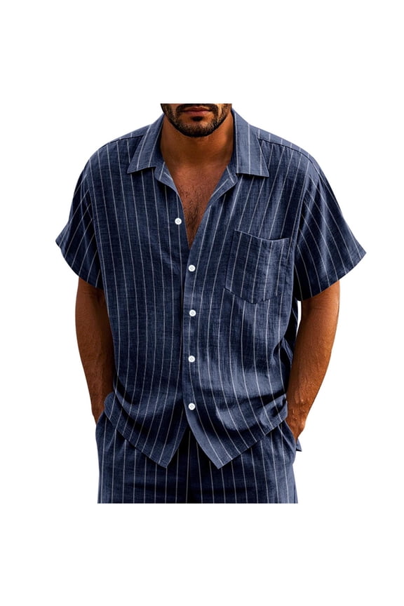 Mens Shirts Button Down,Linen Blend,Short Sleeve,Shirt with Vertical Stripes and Chest Pocket,Regular Fit Tops,Navy,Size 3XL