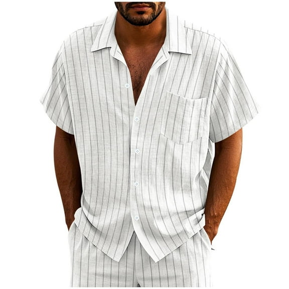 GuangCheng George Mens Shirts Button Down,Linen Blend,Short Sleeve,Shirt with Vertical Stripes and Chest Pocket,Regular Fit Tops,White,Size L