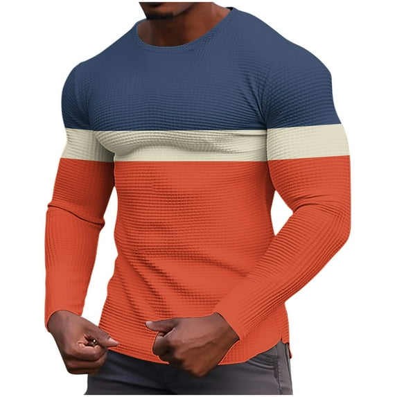 GuangCheng Mens Shirts,Color Block,Slim Fit,Long Sleeve,Thermal,Waffle Knit,Tee Shirt,Active,Basic Tops,Casual Wear,Orange,Size XL