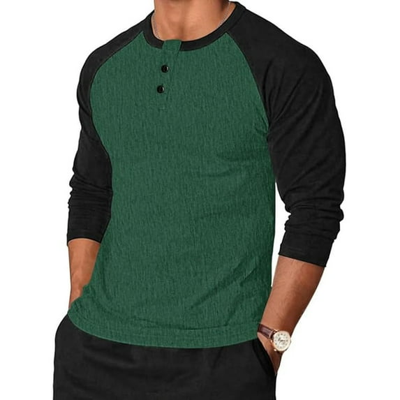 GuangCheng Mens Shirts,Colorblock,Raglan Sleeve Henley T-Shirts,Regular Fit,Soft,Button Collar Tops,Green,Size 4XL