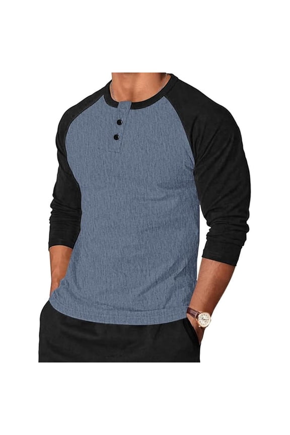 Mens Shirts,Colorblock,Raglan Sleeve Henley T-Shirts,Regular Fit,Soft,Button Collar Tops,Light Blue,Size 2XL