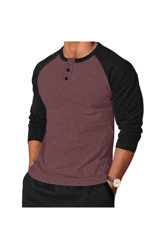 George Mens Shirts,Colorblock,Raglan Sleeve Henley T-Shirts,Regular Fit,Soft,Button Collar Tops,Wine,Size 2XL