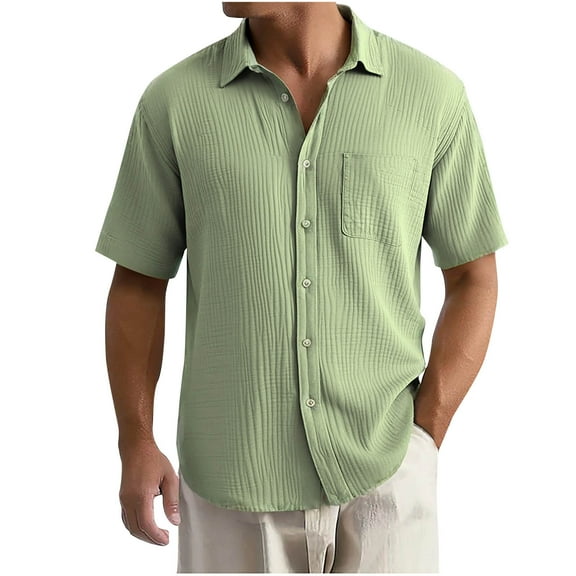 GuangCheng George Mens Shirts,Lapel,Textured,Solid Color,Short Sleeve,Button-Down Shirts,with Chest Pocket,Regular Fit Tops,Green,Size 3XL