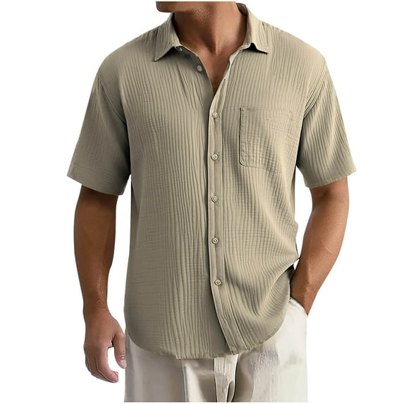 GuangCheng Mens Shirts,Lapel,Textured,Solid Color,Short Sleeve,Button-Down Shirts,with Chest Pocket,Regular Fit Tops,Khaki,Size 3XL