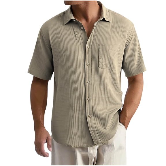 GuangCheng George Mens Shirts,Lapel,Textured,Solid Color,Short Sleeve,Button-Down Shirts,with Chest Pocket,Regular Fit Tops,Khaki,Size XL