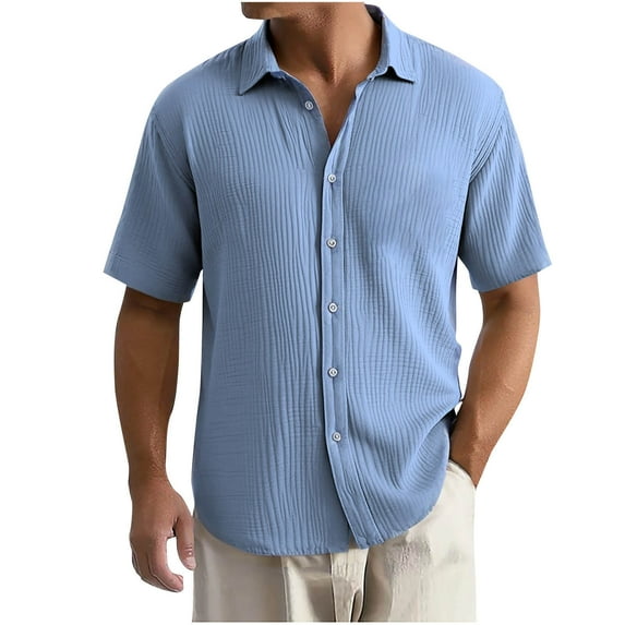 GuangCheng Mens Shirts,Lapel,Textured,Solid Color,Short Sleeve,Button-Down Shirts,with Chest Pocket,Regular Fit Tops,Sky Blue,Size 3XL