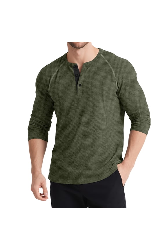 Mens Shirts,Waffle Knit,Long Sleeve,Henley T-Shirts,Regular Fit,Soft Pullover Tops Tees,Army Green,Size L