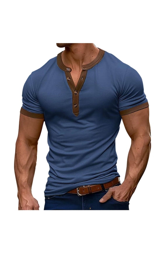 Mens Short Sleeve Henley T-Shirts,Contrast,Trim,Muscle Fit,Soft,Button Collar ,Crewneck,Pullover Tops,Navy,Size M