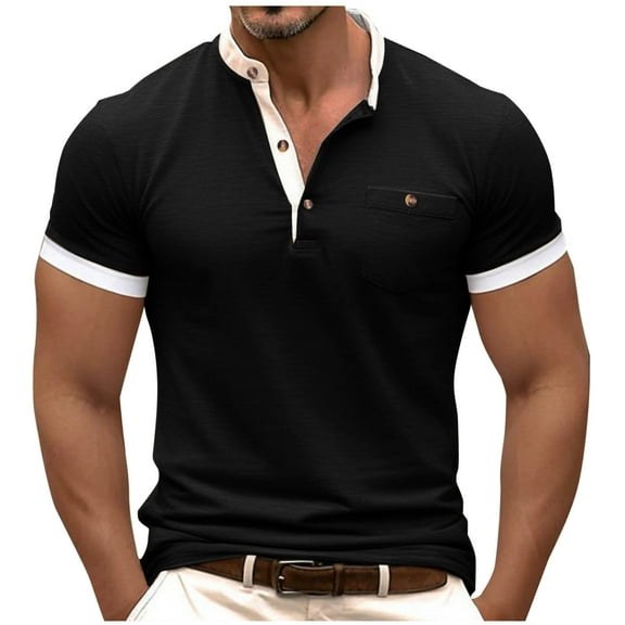 GuangCheng George Mens Short Sleeve Henley T-Shirts,Patch Work,Contrast Trim,Regular Fit,Soft,Breathable,V-Neck Shirts,Black,Size 2XL