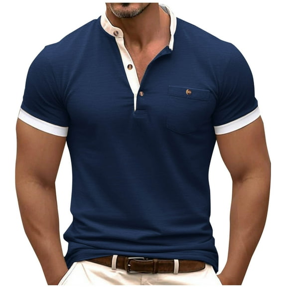 GuangCheng George Mens Short Sleeve Henley T-Shirts,Patch Work,Contrast Trim,Regular Fit,Soft,Breathable,V-Neck Shirts,Navy,Size 3XL