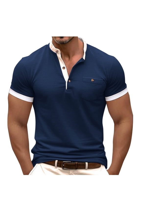Mens Short Sleeve Henley T-Shirts,Patch Work,Contrast Trim,Regular Fit,Soft,Breathable,V-Neck Shirts,Navy,Size L