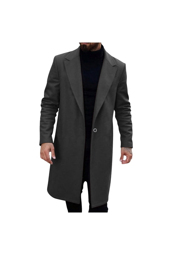 Mens Single-Breasted Wool Blend Overcoats,Long Trench Coat,Winter,Warm,Outerwear Jackets with Notch Lapel,Black,S