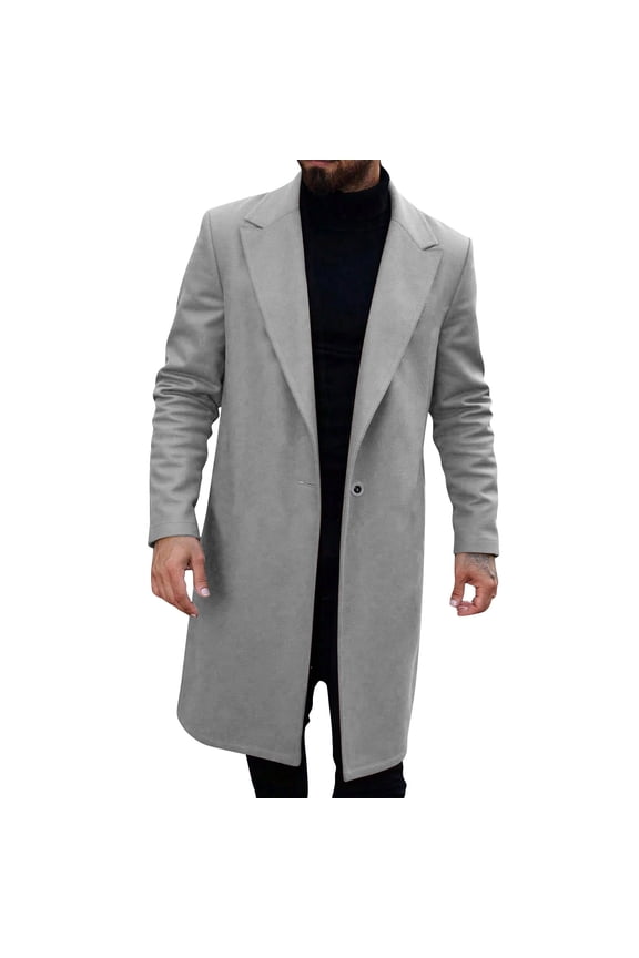 Mens Single-Breasted Wool Blend Overcoats,Long Trench Coat,Winter,Warm,Outerwear Jackets with Notch Lapel,Gray,L