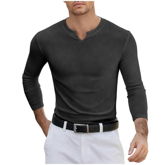 GuangCheng George Mens Slim Fit Ribbed Knit Henley Shirts,Long Sleeve,Casual Tops,Soft,Stretch,Comfort Basic Tees,Gray,Size L