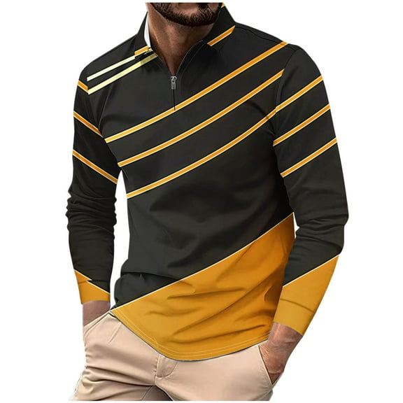 GuangCheng George Mens Slim Fit Shirts,Slim Fit,Zip Up,Print,Long Sleeve,Casual,Fashion,Graphic Tees,Gold,Size 3XL